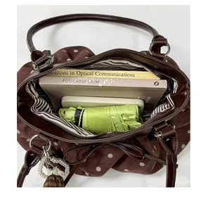 Brown polka dot suede handbag with bow, large capacity cloud bag, chic autumn underarm bag.