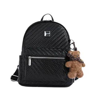 Black woven backpack for women, casual stylish college daypack with cute bear pendant.