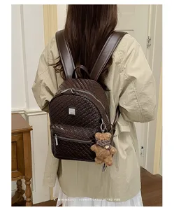Stylish woven leather backpack for women, large capacity casual daily commute bookbag.
