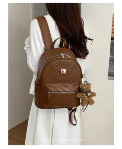 Women casual woven backpack large capacity retro commuter daypack with cute bear pendant