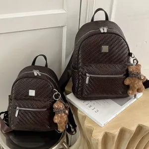 Women Fashion Woven Pattern PU Leather Backpack Retro Large Capacity Commuter School College Student Bag With Cute Bear Pendant
