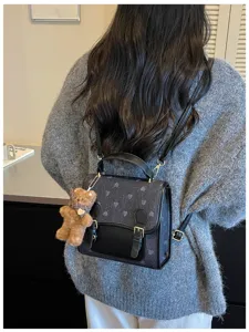 Women fashion color contrast backpack casual cute school bag with bear pendant for autumn