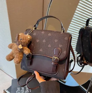 Women Fashion PU Leather Backpack Heart Pattern Color Blocking Casual Travel Small Schoolbag With Teddy Bear Pendant Waterproof Knapsack