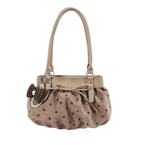Stylish polka dot suede shoulder bag with cute bow and pearl pendant for women autumn chic.