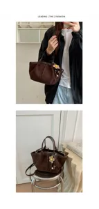 Stylish brown suede bucket bag for women, trendy contrast color handbag with floral charm.