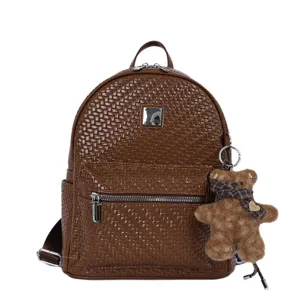 Brown woven leather backpack for women, casual large capacity rucksack with cute bear pendant.