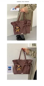 Brown polka dot canvas tote bag large capacity commuter shoulder bag with cute bear pendant