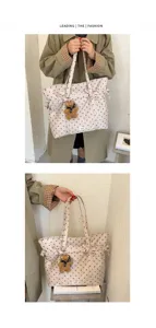 Polka dot canvas tote bag with cute bear pendant, large capacity casual shoulder bag for daily commute.