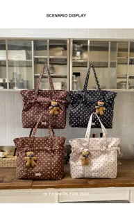 Large capacity polka dot tote bag with cute bear charm, casual shoulder bag for daily commuting.