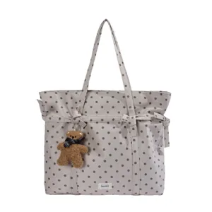 Grey polka dot canvas tote bag, large capacity commuting shoulder bag with cute bear pendant.