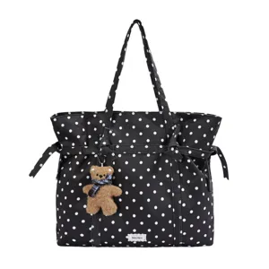 Black white polka dot canvas tote bag, stylish large capacity women commuting shoulder bag.