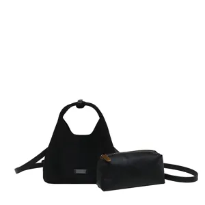 Elégant sac cabas noir en daim de style coréen avec pochette assortie mode pour femmes