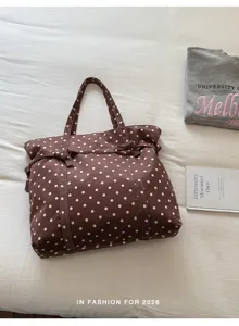 Brown polka dot canvas tote bag, large capacity casual commuter shoulder bag for women.