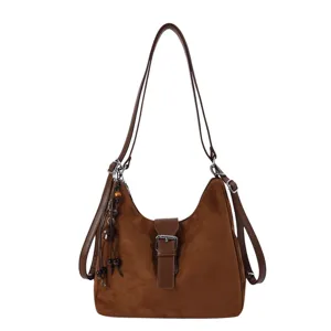 Brown suede multi-way shoulder bag and backpack, casual daily dumpling bag for women.