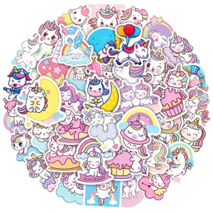 50 pcs autocollants licorne mignon dessin animé imperméable vinyle pour ordinateur