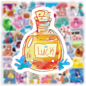 Carino adesivo graffiti con bottiglia di pozione e testo Luck, perfetto per laptop e borracce.
