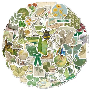 Green vintage aesthetic sticker pack detail, botanical and artistic designs for crafts.