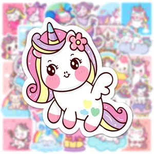 Détail d'autocollant licorne mignon, design de dessin animé coloré pour ordinateurs et tasses.