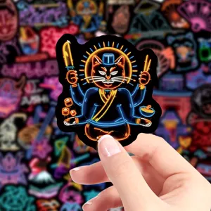 Japanese style neon cat graffiti sticker detail view, waterproof decal for phone and cup
