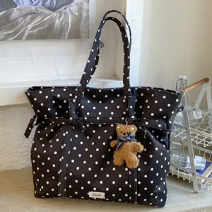 Women Polka Dot Tote Bag Cloth Large Capacity Shoulder Bag Bow Knot Decor Commuter Simple Chic Handbag For Daily Shopping