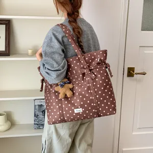 Brown polka dot tote bag, large capacity stylish shoulder bag for daily commuting and fashion.