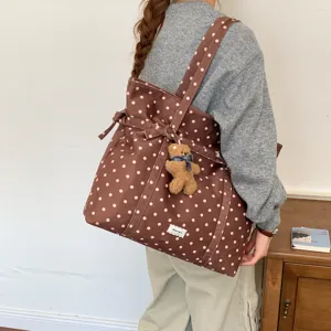 Stylish polka dot brown tote bag with cute bear pendant, large capacity daily shoulder bag.