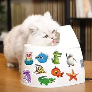 Cute cartoon animal stickers detail scene showing colorful decals applied on pet water fountain.