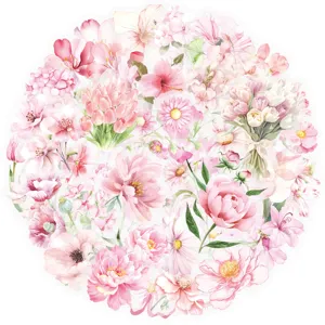 Transparent Waterproof Cartoon Pink Flower PET Journal Stickers Aesthetic Stationery Decorative DIY Laptop Notebook Decals