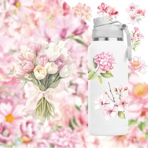 Waterproof pink floral PET stickers set, transparent tulip and flower designs for DIY crafts.