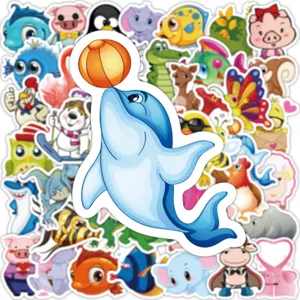 Colorful cartoon animal stickers pack, cute waterproof vinyl decals for laptop and water bottle.
