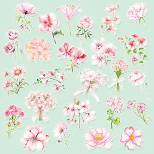 Pink watercolor floral stickers, waterproof PET material, ideal for journaling and laptop decor.