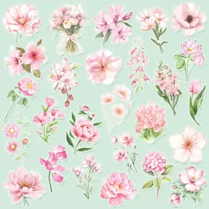 Pink watercolor floral PET sticker detail showing various floral designs for journal decoration.