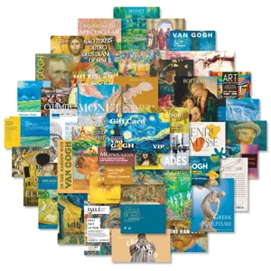 Gedetailleerd overzicht van verschillende kunststickers met klassieke meesterwerken.