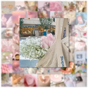Detailed view of pink aesthetic vintage sticker featuring cute tote bag and cafe scene.