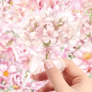 Transparent pink flower PET stickers, waterproof journaling sticker details for DIY crafts.