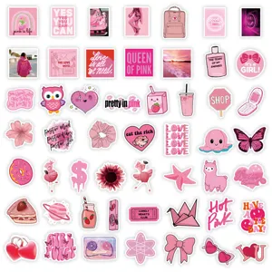 50pcs pink aesthetic cute stickers set for laptop water bottle skateboard luggage decor.