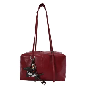 Red PU leather shoulder bag for women, chic tote handbag with cute puppy charm accessory.