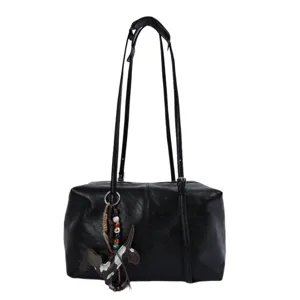 Black leather shoulder bag for women, stylish niche pillow bag handbag with double straps daily
