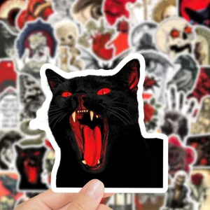 Gothic horror black cat sticker detail showing sharp red and black design for laptop skateboard.