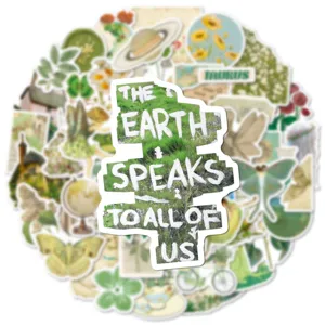 Green aesthetic sticker pack detailed view featuring nature elements, plants, and vintage designs.