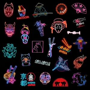 Japanese style neon graffiti waterproof stickers set for phone case and water cup decoration.