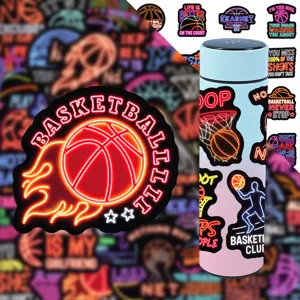 Cool neon basketball waterproof vinyl stickers pack for water bottle and laptop decor.