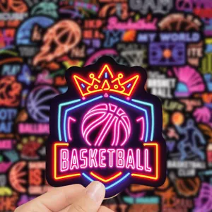 Neon basketball sticker detail shot, featuring waterproof vinyl decal design for laptop and skateboards.