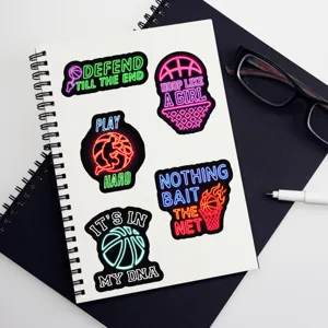 Basketball neon waterproof stickers detail view, cool sports quote decals for laptop decor.