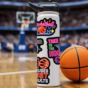Stainless steel water bottle with cool neon basketball theme stickers for sports fans daily use.