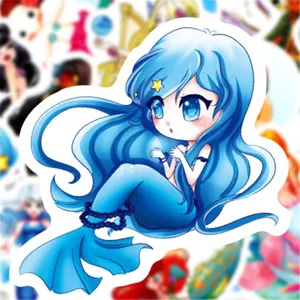 Mignon sticker anime sirène cheveux bleus étanche en vinyle pour ordinateur portable.