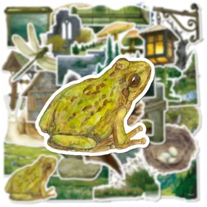 Vintage pastoral frog sticker set, watercolor art aesthetic diary scrapbooking details.