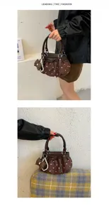 Bolso de nube plisado de lunares marrones con lazo y perla bolso de hombro elegante.