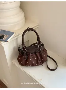Bolso de mano nube plisado de lunares marrones, elegante bolso cruzado de hombro con lazo chic.