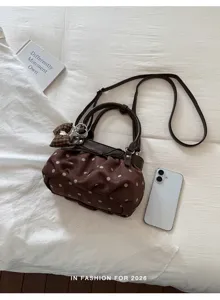 Bolso tipo nube fruncido de lunares marrones, elegante bolso de hombro para mujer.